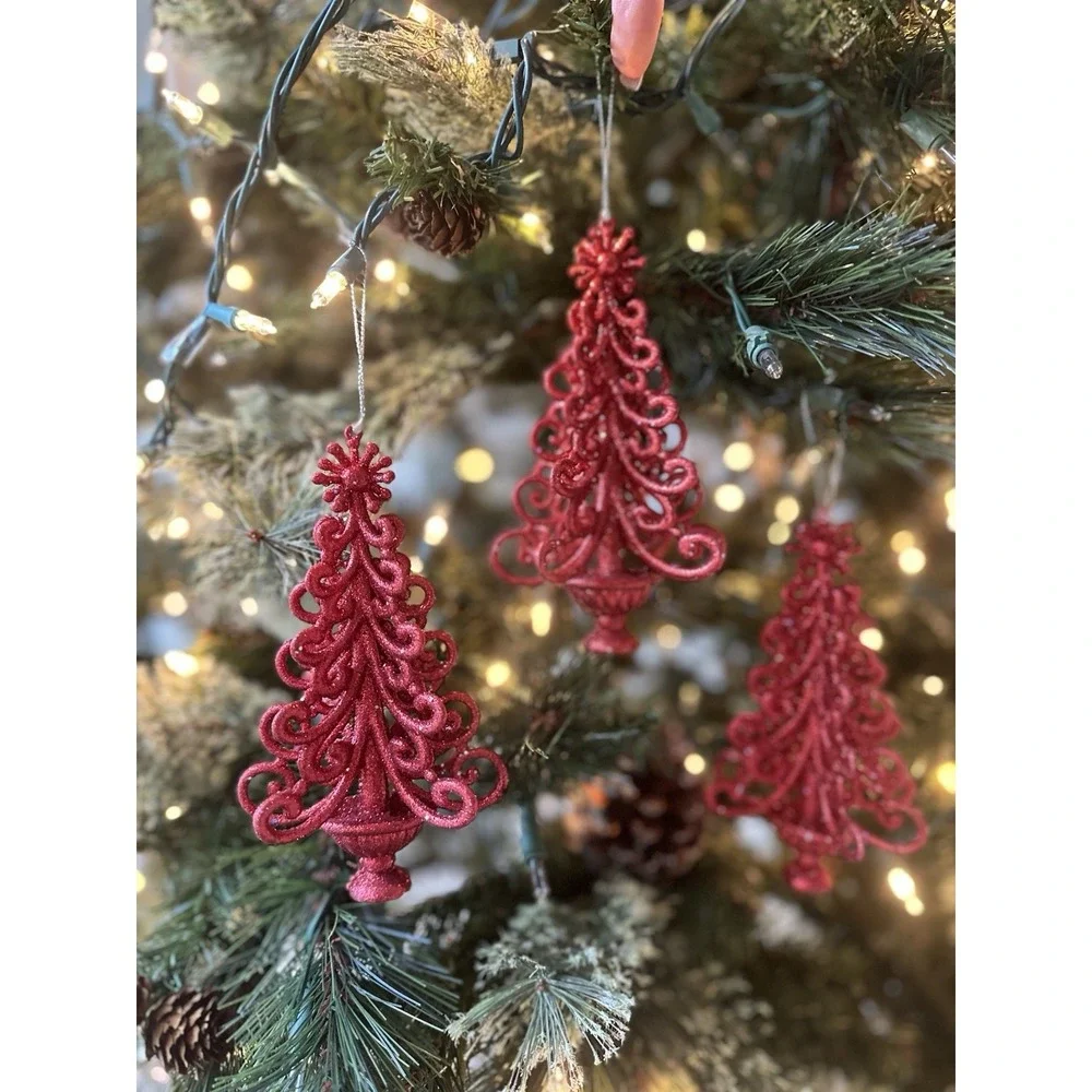 Set Of 3 Red Lace Glittered Gothic Christmas Tree 6 In Ornament